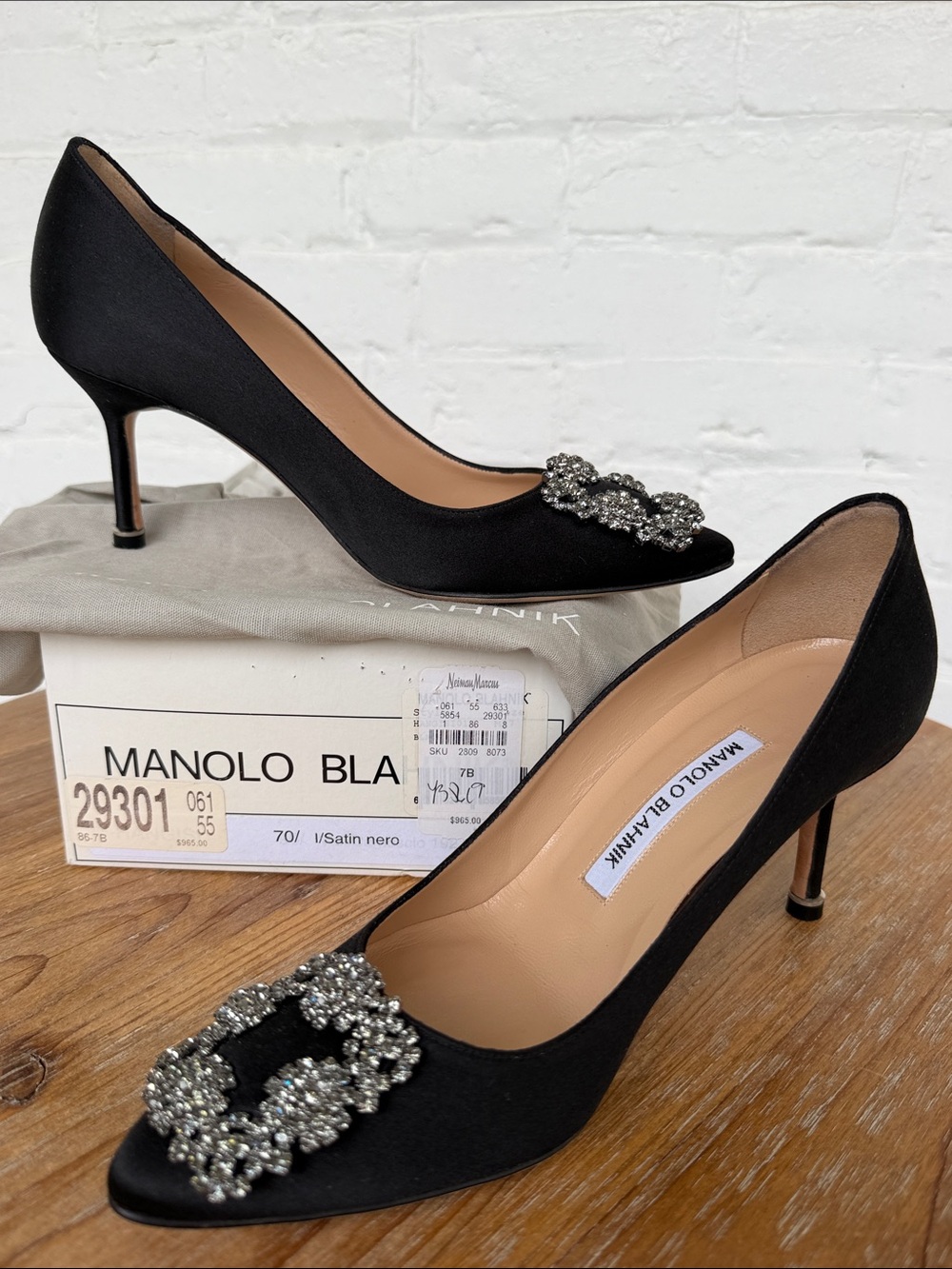 Manolo Blahnik Hangisi Black Satin Pumps with Crystal Buckle. Size 37